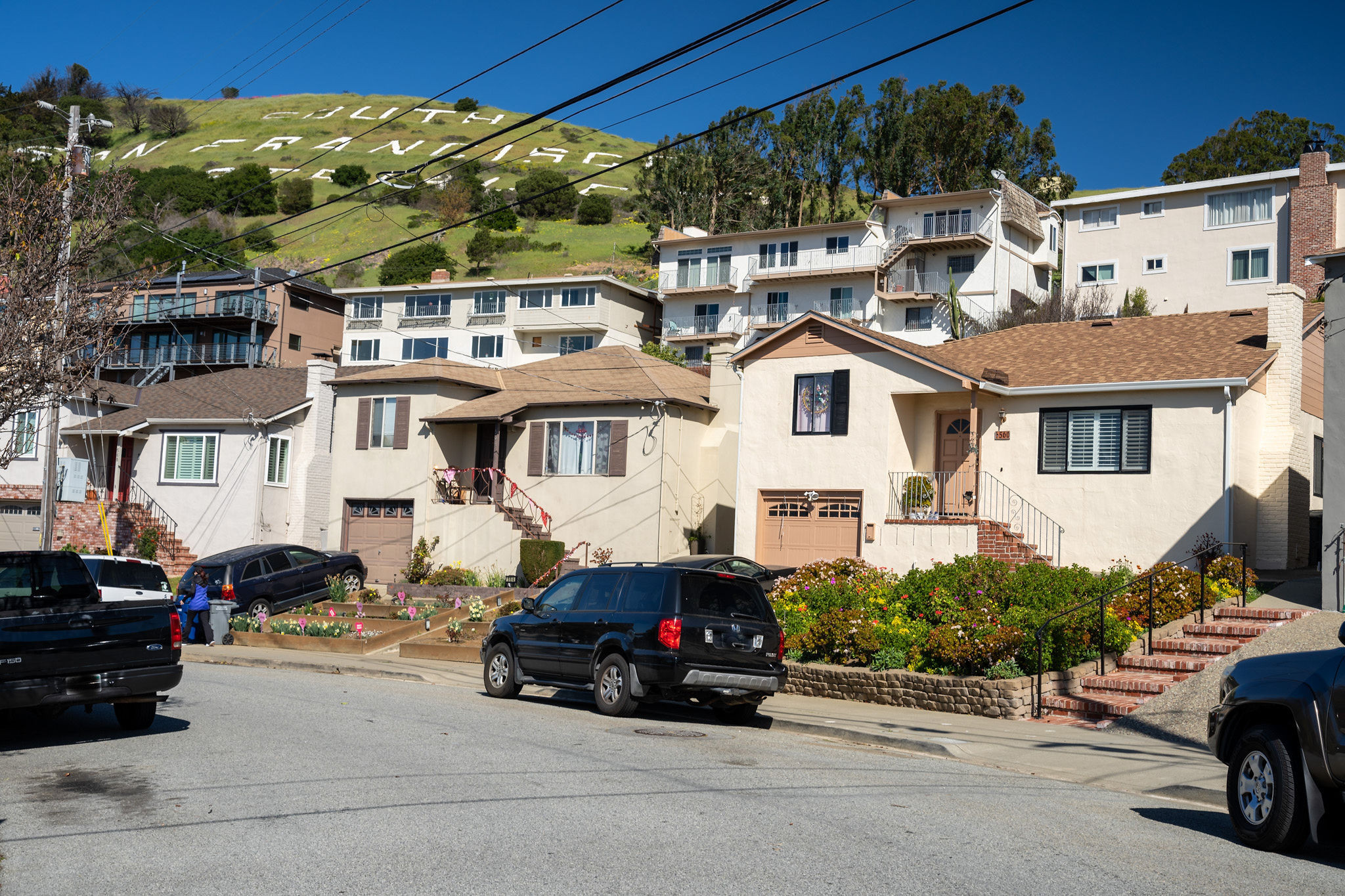 Houses at the foot  of the South San Francisco sign hill.