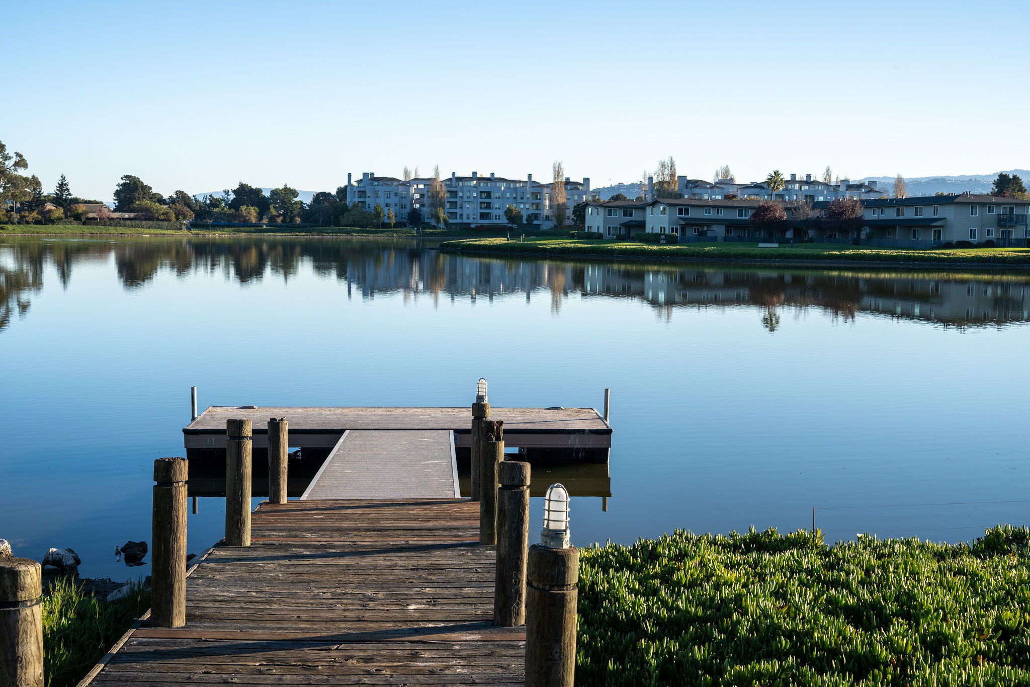 Dock with a view of homes in Edgewater Isle in San Mateo.
