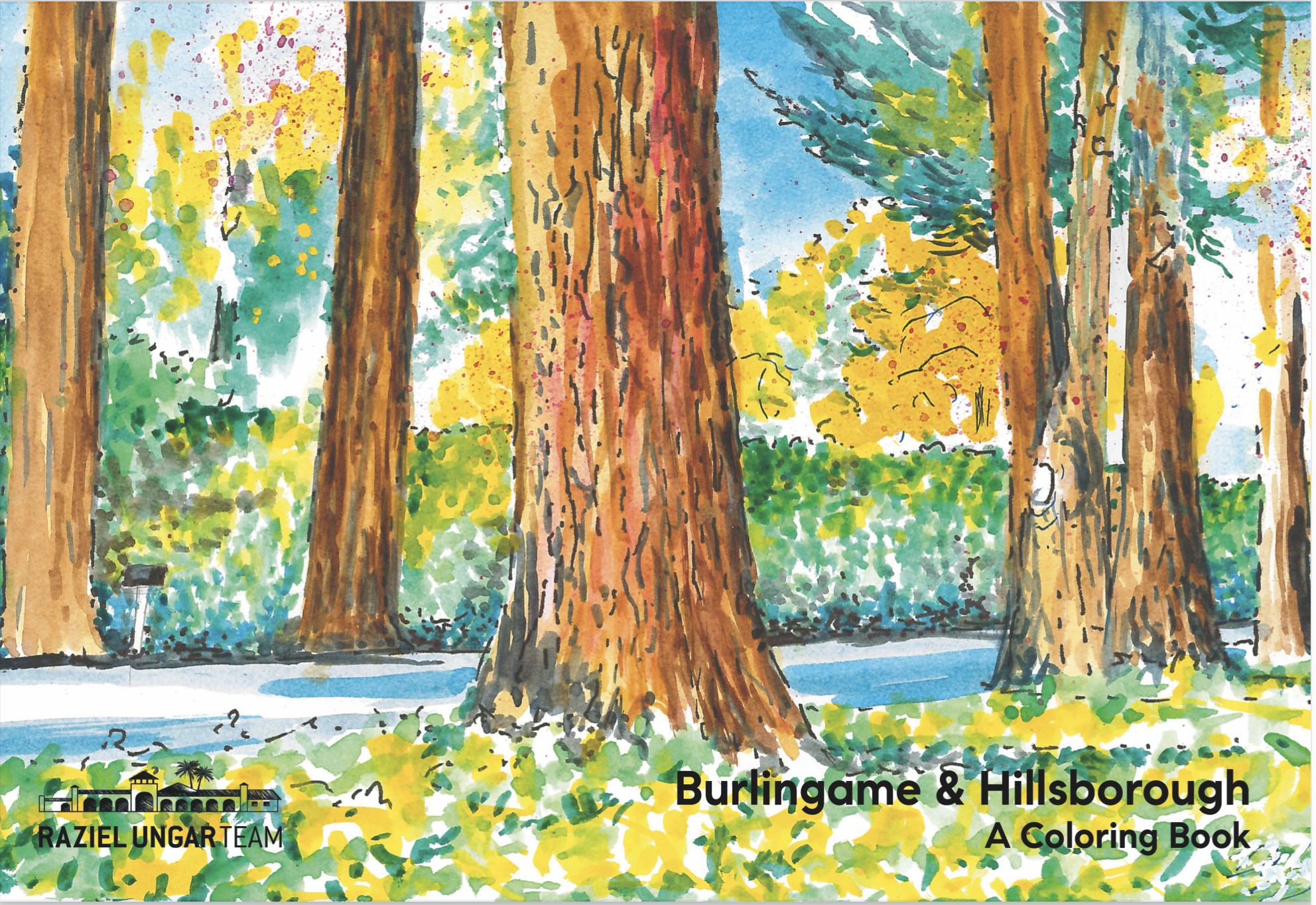 watercolor trees on the cover of Burlingame and Hillsborough coloring book