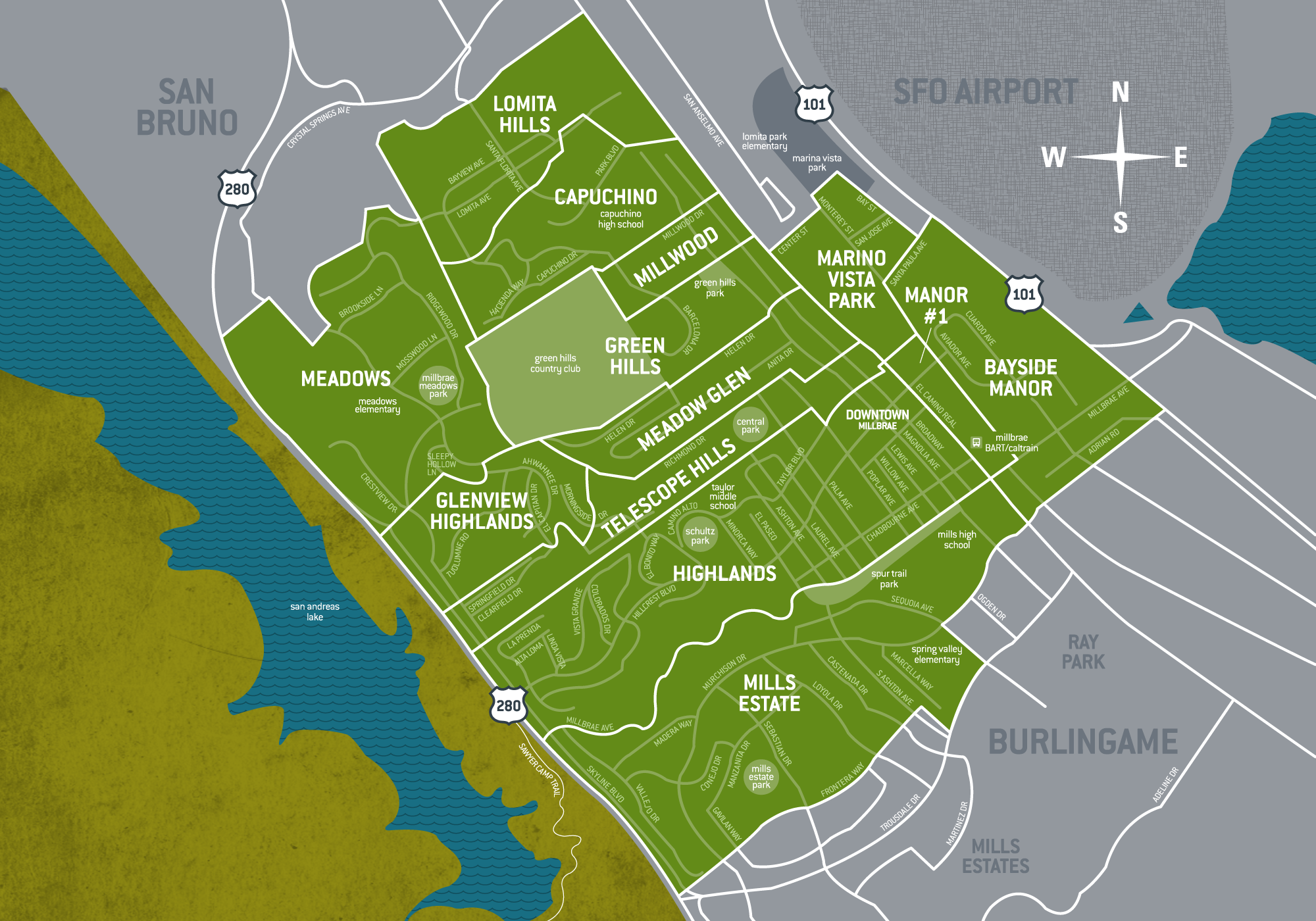 Millbrae area map colored in green